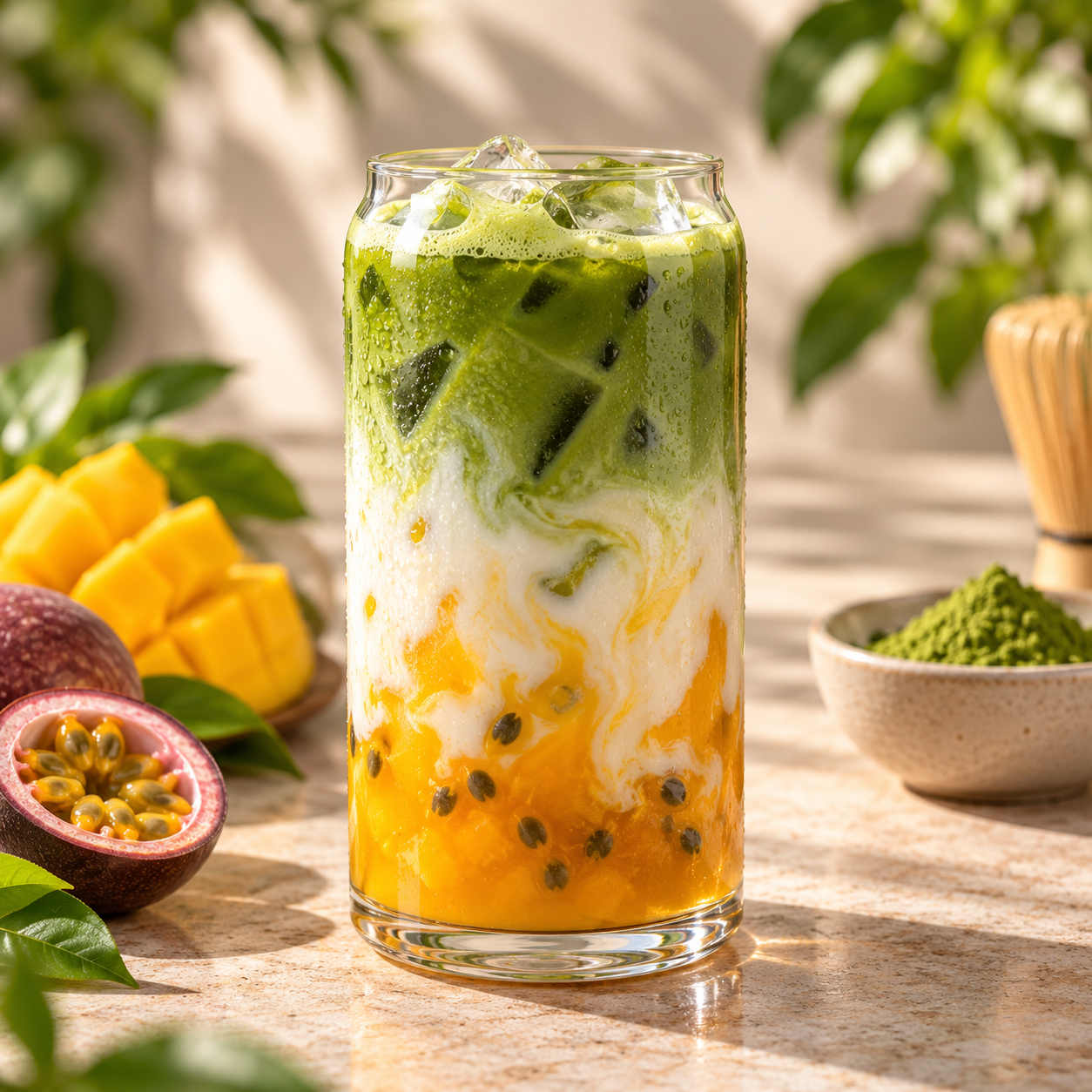 Mangovo-passionfruitové matcha latte